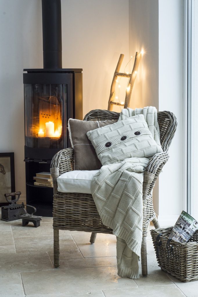 chair infront of a log burner